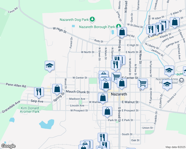 map of restaurants, bars, coffee shops, grocery stores, and more near 148 West Center Street in Nazareth