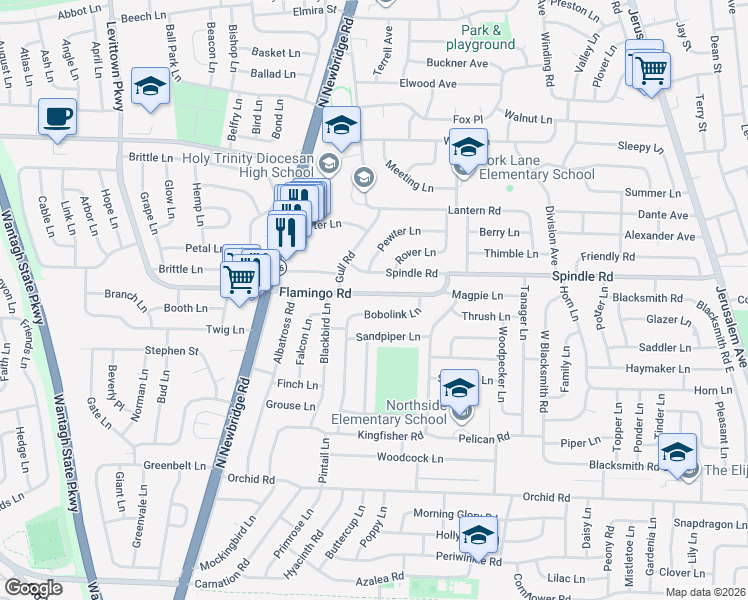 map of restaurants, bars, coffee shops, grocery stores, and more near 50 Flamingo Road in Levittown