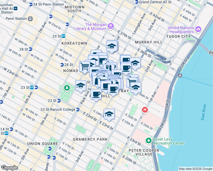 map of restaurants, bars, coffee shops, grocery stores, and more near 133 East 29th Street in New York