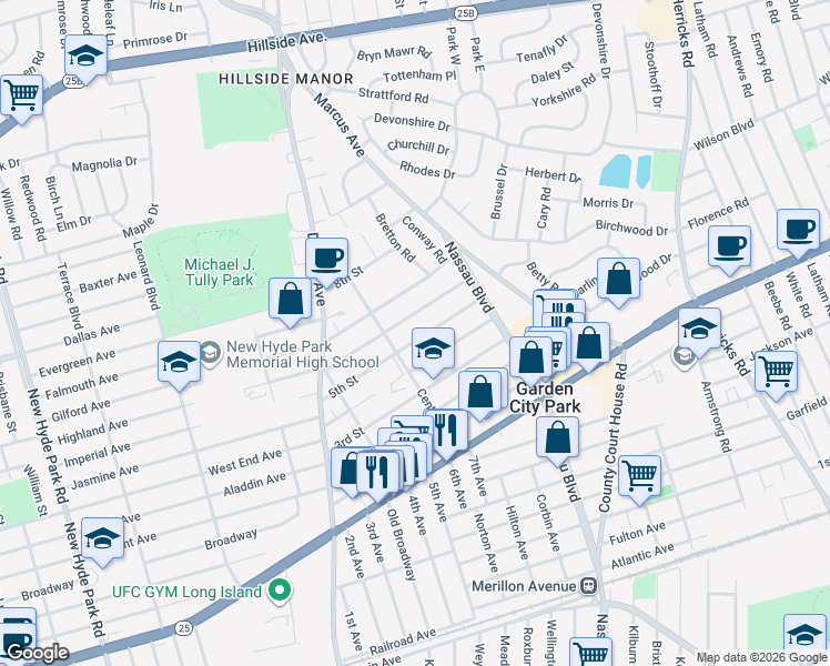 map of restaurants, bars, coffee shops, grocery stores, and more near 73 5th Street in New Hyde Park