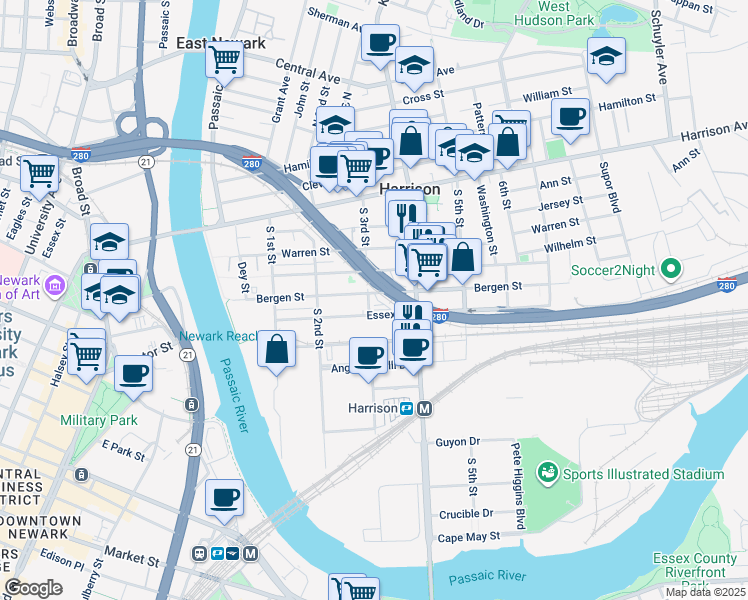 map of restaurants, bars, coffee shops, grocery stores, and more near in Harrison