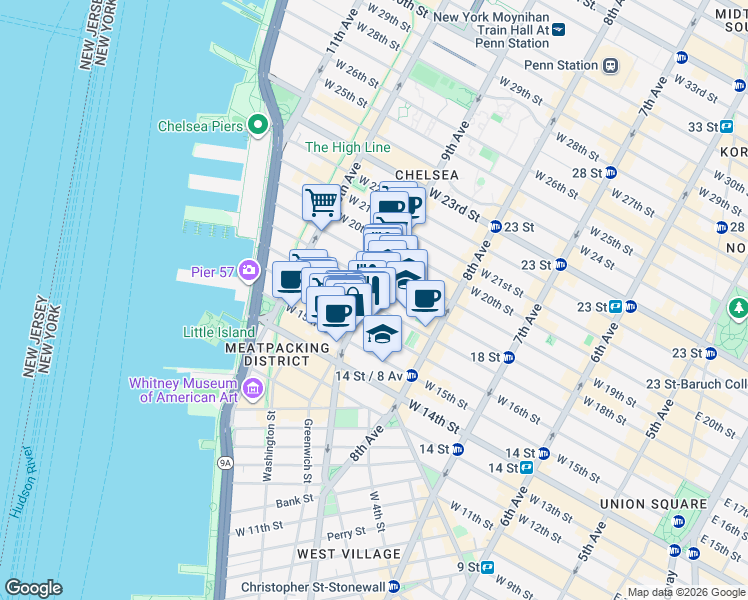 map of restaurants, bars, coffee shops, grocery stores, and more near 111 9th Avenue in New York