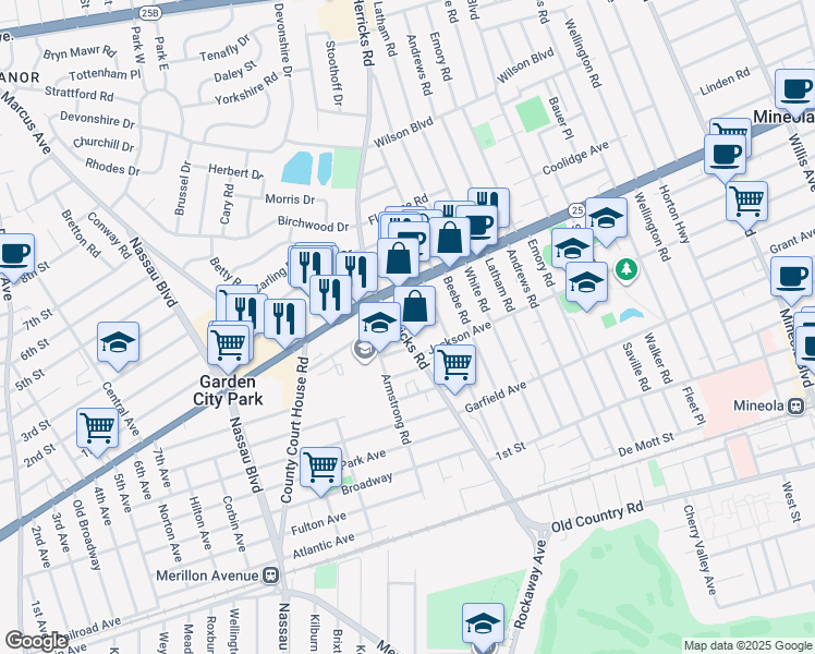 map of restaurants, bars, coffee shops, grocery stores, and more near 244 Herricks Road in Mineola