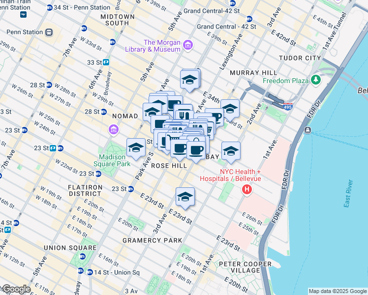 map of restaurants, bars, coffee shops, grocery stores, and more near 132 East 29th Street in New York