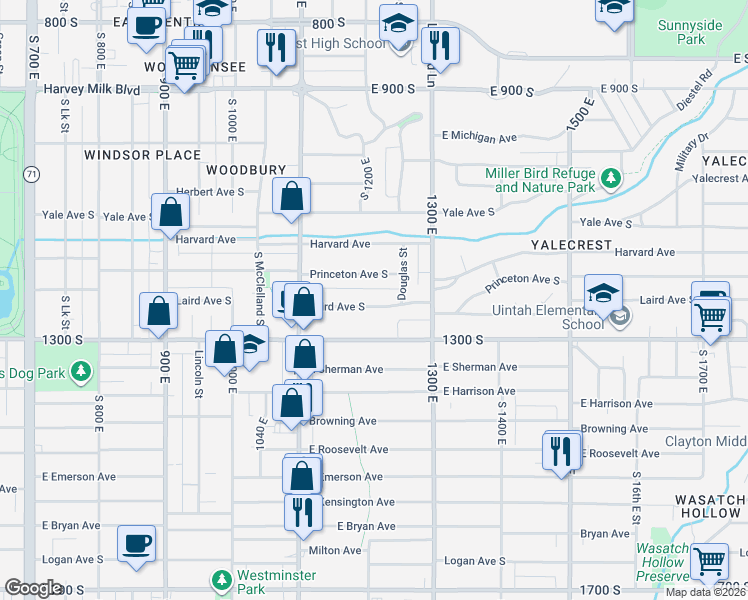 map of restaurants, bars, coffee shops, grocery stores, and more near 1201 Laird Avenue South in Salt Lake City