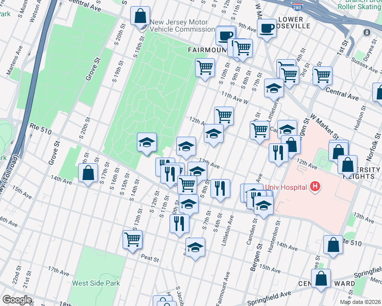 map of restaurants, bars, coffee shops, grocery stores, and more near 375-389 13th Avenue in Newark