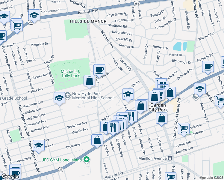 map of restaurants, bars, coffee shops, grocery stores, and more near 87 Central Avenue in New Hyde Park
