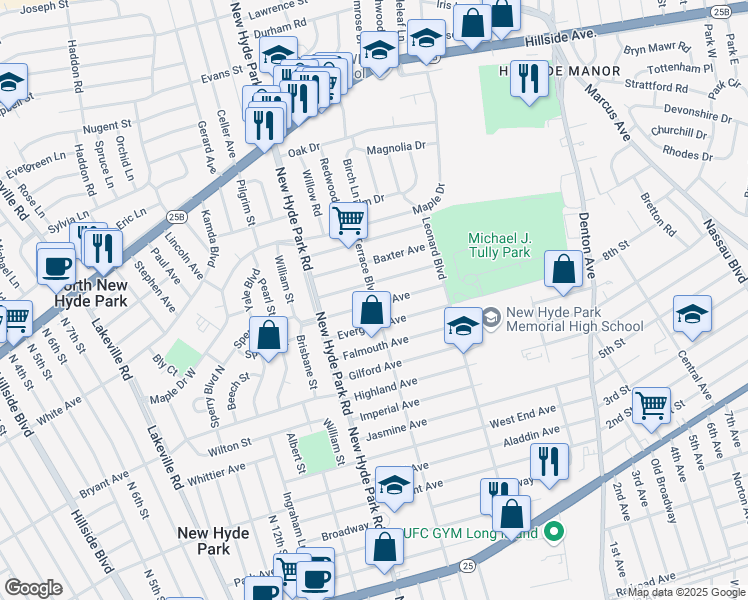 map of restaurants, bars, coffee shops, grocery stores, and more near 269-01 76th Avenue in Queens