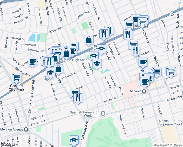 map of restaurants, bars, coffee shops, grocery stores, and more near 201 Emory Road in Mineola