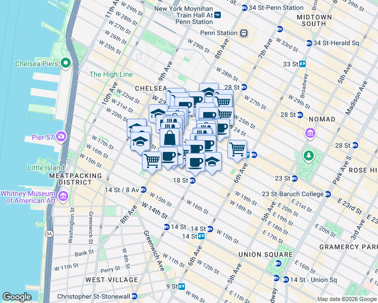 map of restaurants, bars, coffee shops, grocery stores, and more near 223 West 20th Street in New York