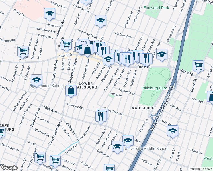 map of restaurants, bars, coffee shops, grocery stores, and more near 73 Pine Grove Terrace in Newark