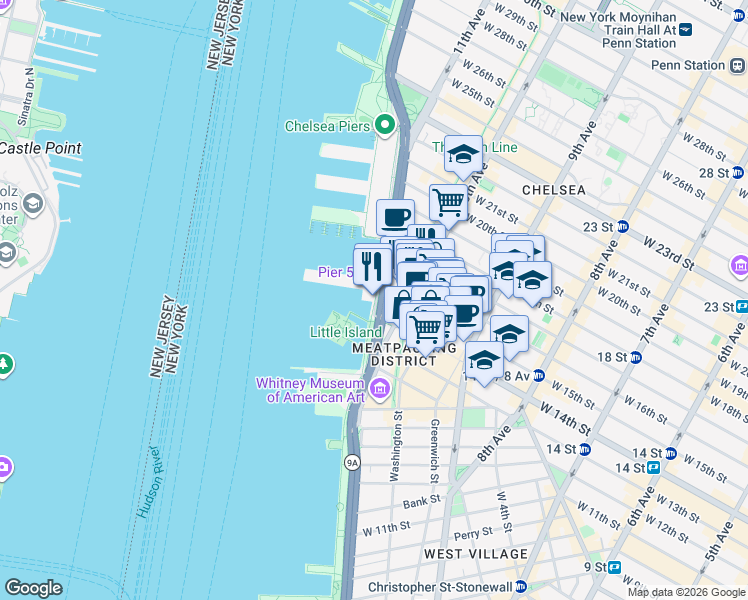 map of restaurants, bars, coffee shops, grocery stores, and more near 25 11th Avenue in New York