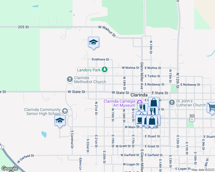 map of restaurants, bars, coffee shops, grocery stores, and more near 400-498 W Nodaway St in Clarinda