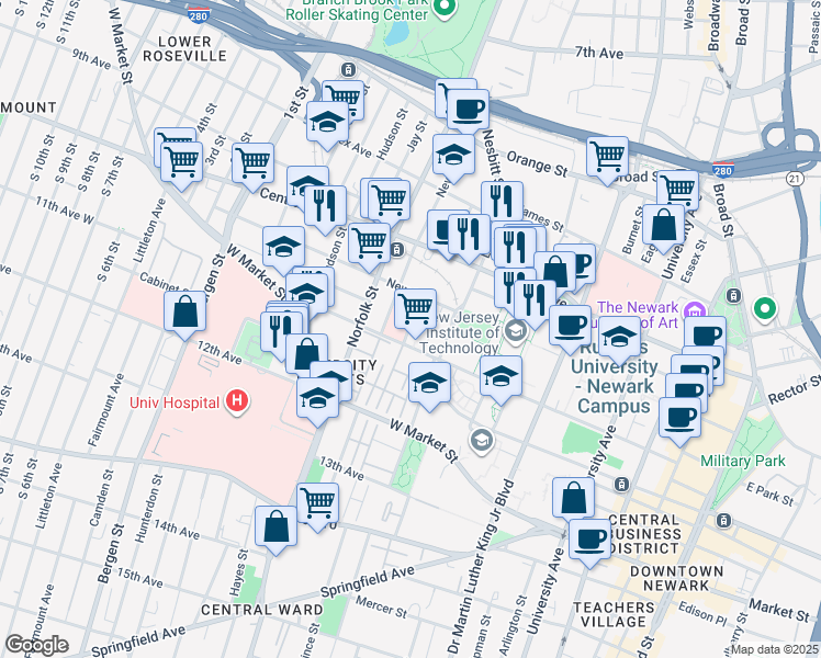 map of restaurants, bars, coffee shops, grocery stores, and more near 46 Wilsey Street in Newark