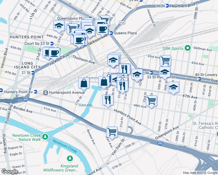 map of restaurants, bars, coffee shops, grocery stores, and more near 47-08 30th Street in Queens