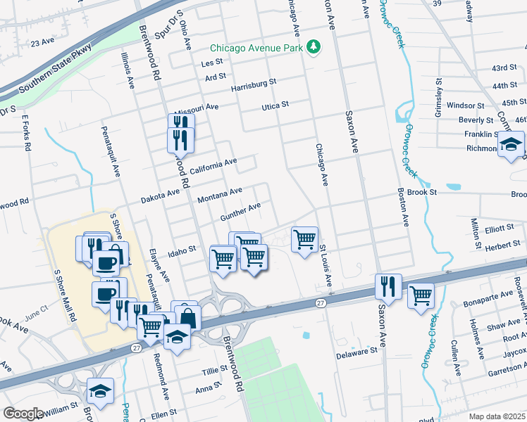 map of restaurants, bars, coffee shops, grocery stores, and more near 11 Madison Avenue in Bay Shore