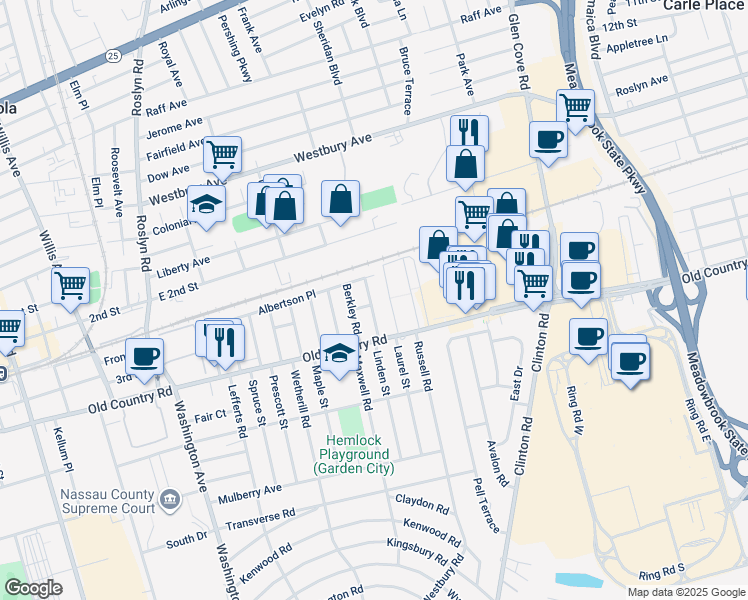 map of restaurants, bars, coffee shops, grocery stores, and more near 42 Wisteria Avenue in Mineola