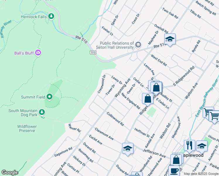 map of restaurants, bars, coffee shops, grocery stores, and more near 11 Tower Drive in Maplewood