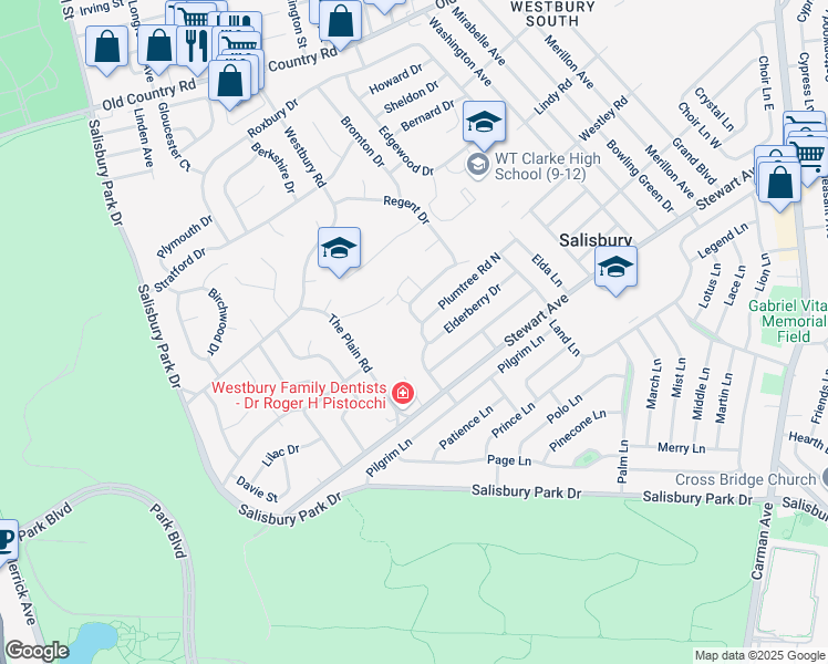 map of restaurants, bars, coffee shops, grocery stores, and more near 883 Plum Tree Road West in Westbury