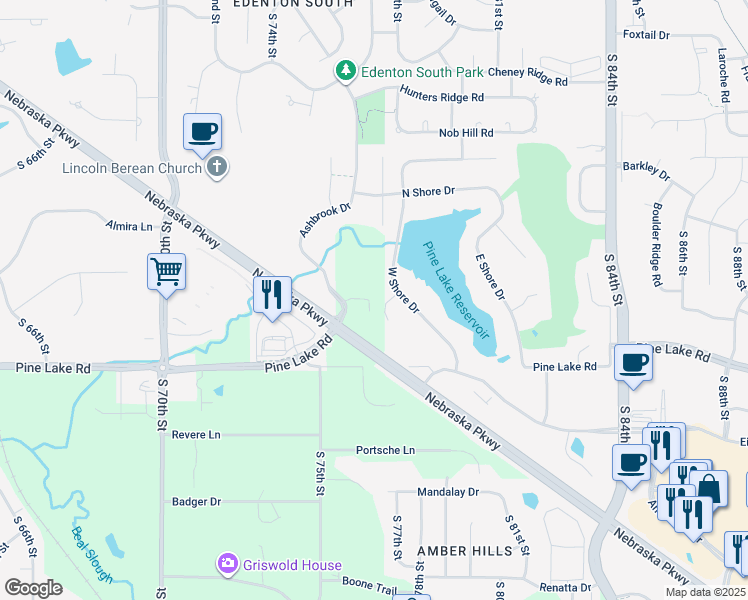 map of restaurants, bars, coffee shops, grocery stores, and more near 6810 Ashbrook Drive in Lincoln