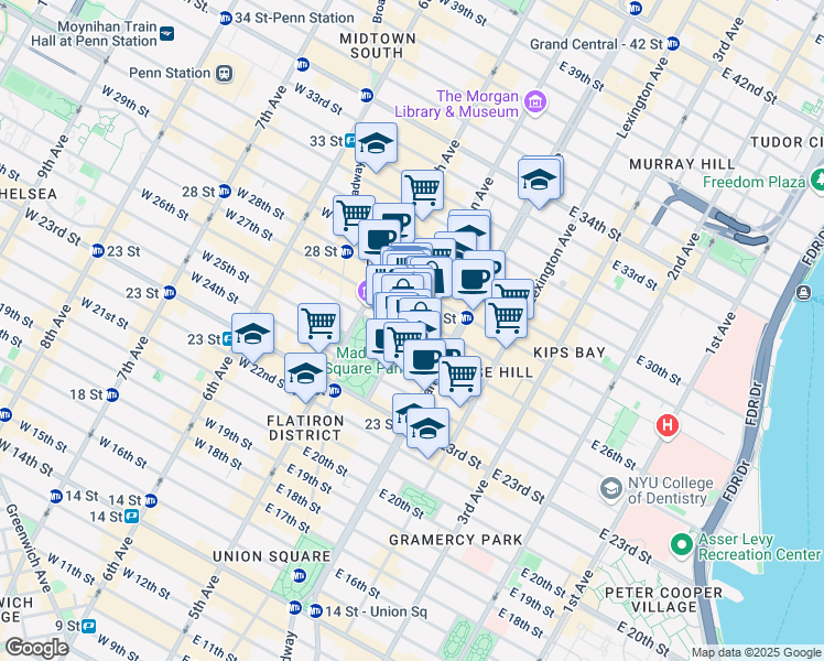 map of restaurants, bars, coffee shops, grocery stores, and more near 51 Madison Avenue in New York