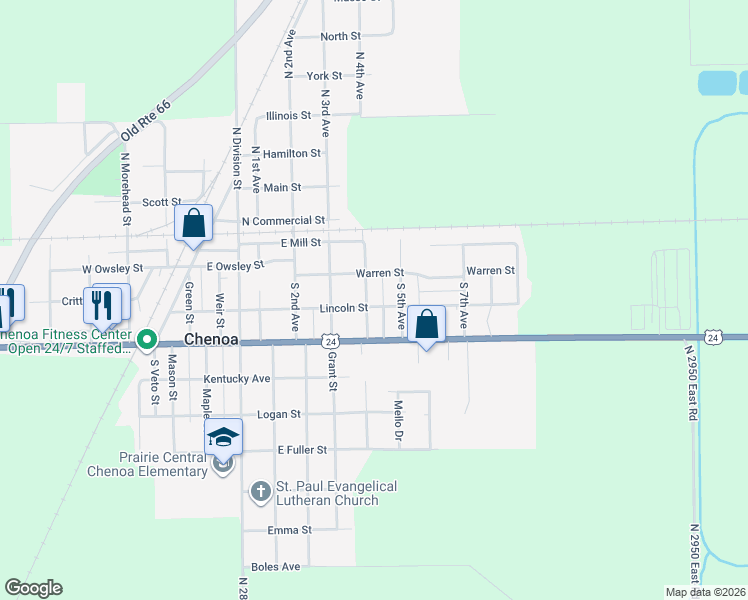 map of restaurants, bars, coffee shops, grocery stores, and more near 801 Lincoln Street in Chenoa
