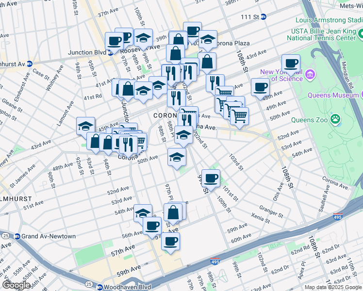 map of restaurants, bars, coffee shops, grocery stores, and more near 98-33 50th Avenue in Queens