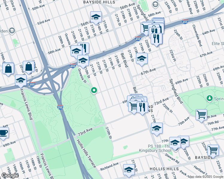map of restaurants, bars, coffee shops, grocery stores, and more near 67-02 213th Street in Queens