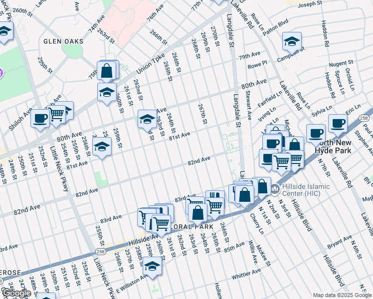 map of restaurants, bars, coffee shops, grocery stores, and more near 81-32 265th Street in Queens