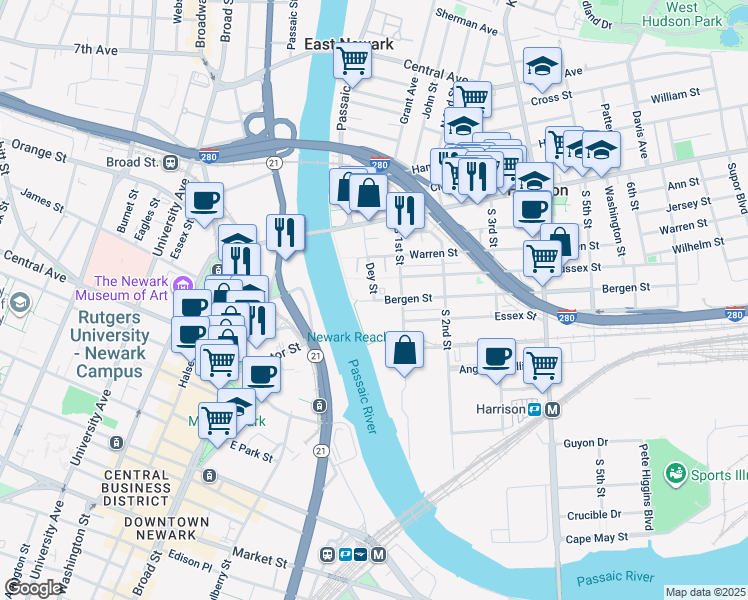 map of restaurants, bars, coffee shops, grocery stores, and more near 301 Dey Street in Harrison