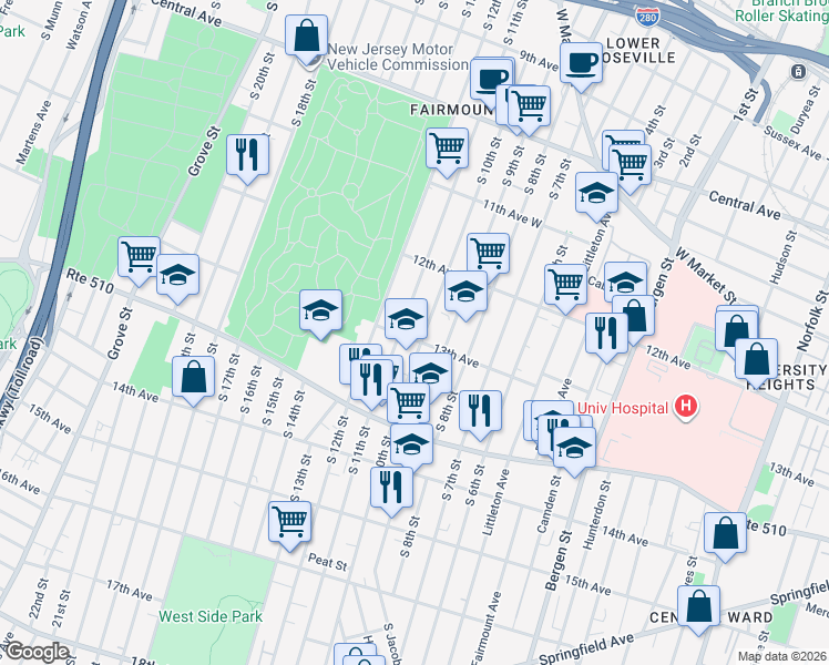 map of restaurants, bars, coffee shops, grocery stores, and more near 395 13th Avenue in Newark