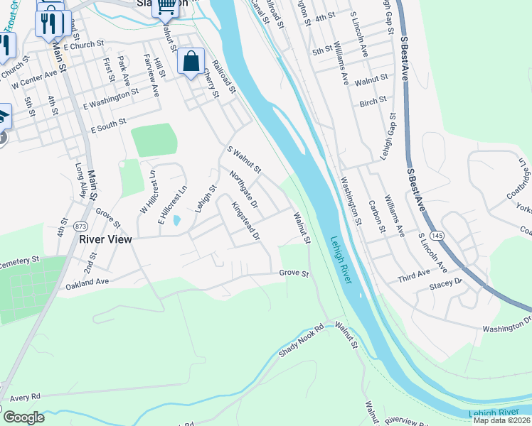 map of restaurants, bars, coffee shops, grocery stores, and more near 7209 Northgate Dr in Slatington