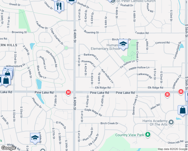 map of restaurants, bars, coffee shops, grocery stores, and more near 6730 South 43rd Street in Lincoln
