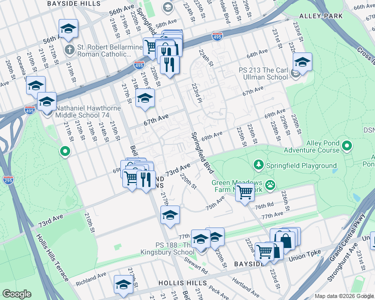 map of restaurants, bars, coffee shops, grocery stores, and more near 68-44 Springfield Boulevard in Queens