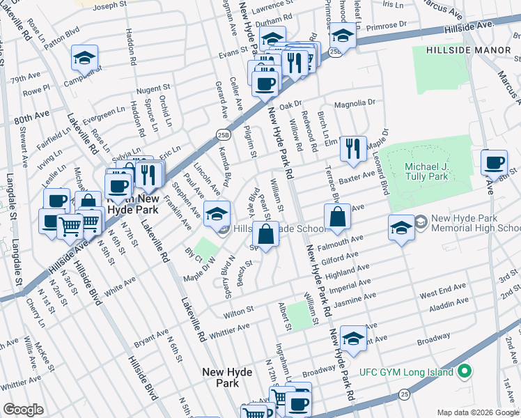 map of restaurants, bars, coffee shops, grocery stores, and more near 41 Pearl Street in New Hyde Park