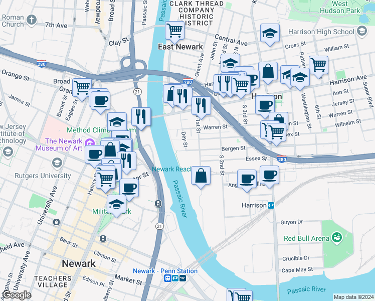 map of restaurants, bars, coffee shops, grocery stores, and more near 2 Bergen Street in Harrison
