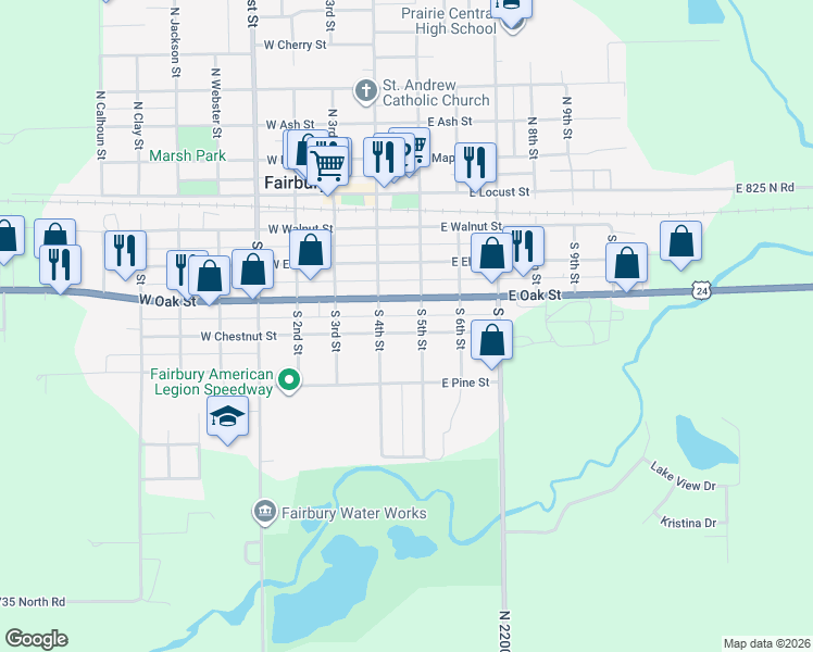 map of restaurants, bars, coffee shops, grocery stores, and more near 208 East Chestnut Street in Fairbury