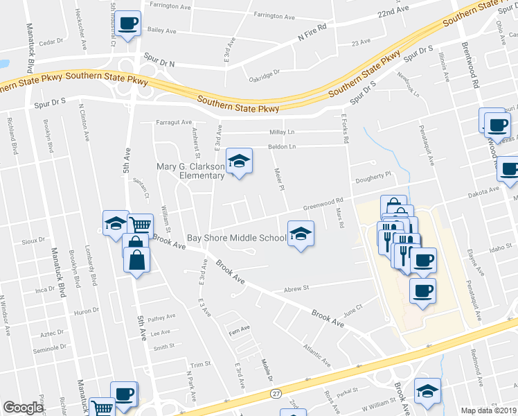 map of restaurants, bars, coffee shops, grocery stores, and more near 10 Woodbine Avenue in Bay Shore