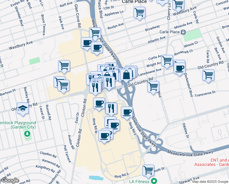 map of restaurants, bars, coffee shops, grocery stores, and more near 666 Old Country Road in Garden City