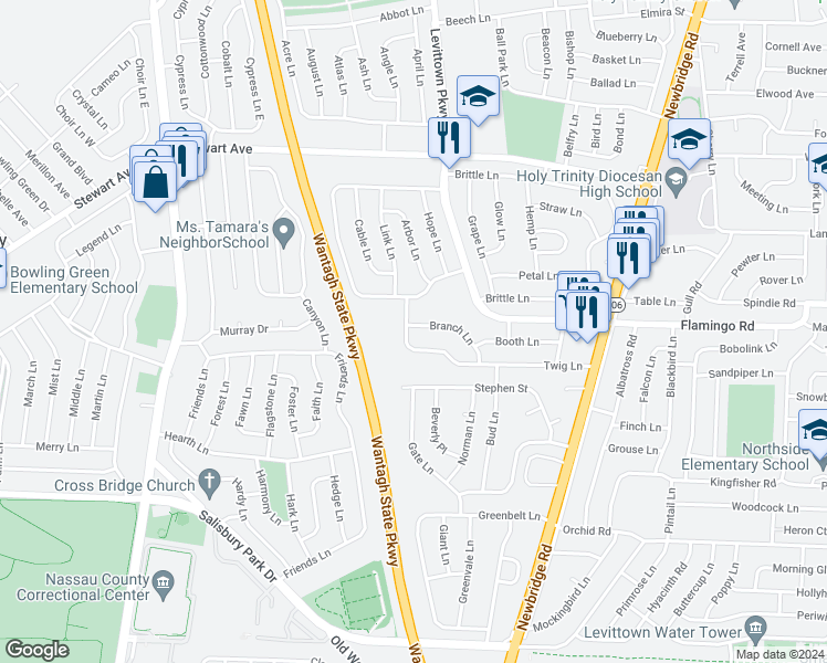map of restaurants, bars, coffee shops, grocery stores, and more near 2 Branch Lane in Levittown