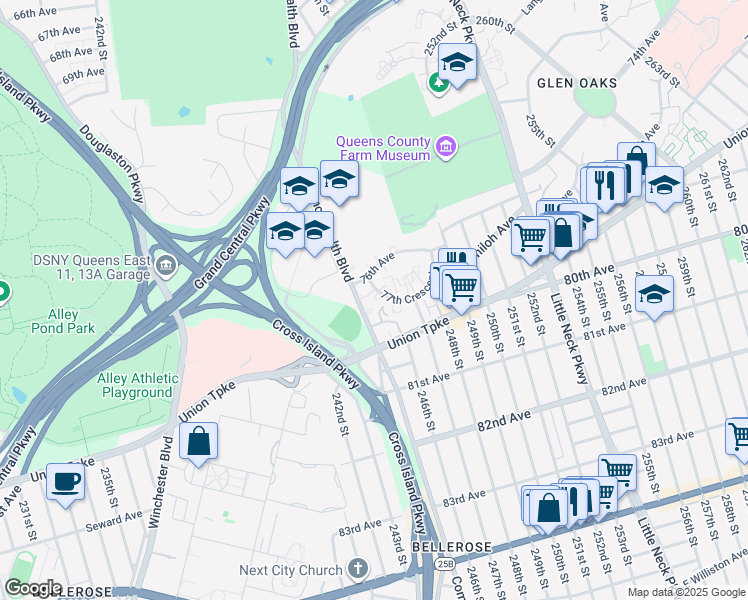 map of restaurants, bars, coffee shops, grocery stores, and more near 245-30 77th Crescent in Queens