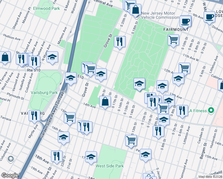 map of restaurants, bars, coffee shops, grocery stores, and more near S Orange Ave & S 18th St in Newark