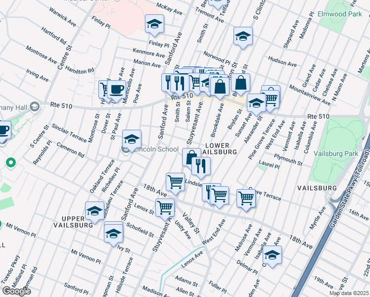 map of restaurants, bars, coffee shops, grocery stores, and more near 101 Stuyvesant Avenue in Newark