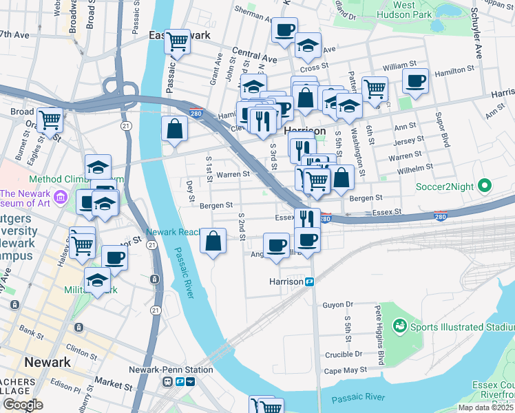 map of restaurants, bars, coffee shops, grocery stores, and more near 221 Bergen Street in Harrison