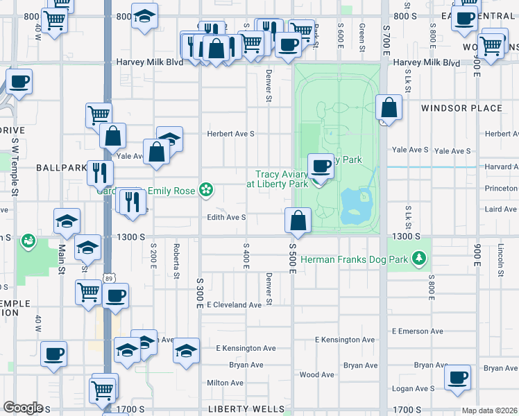 map of restaurants, bars, coffee shops, grocery stores, and more near 421 Edith Avenue South in Salt Lake City