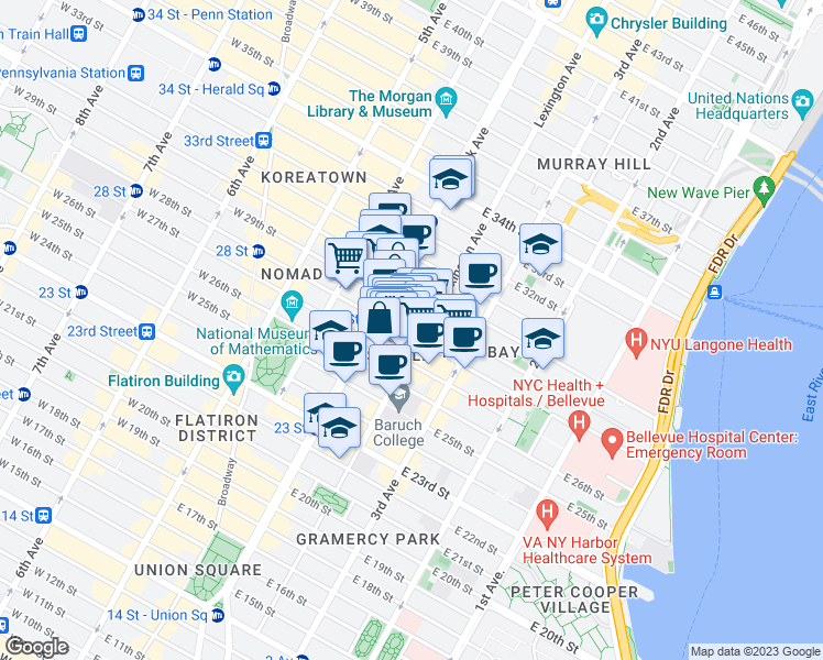map of restaurants, bars, coffee shops, grocery stores, and more near 122 East 28th Street in New York