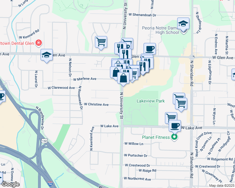 map of restaurants, bars, coffee shops, grocery stores, and more near 4527 North University Street in Peoria