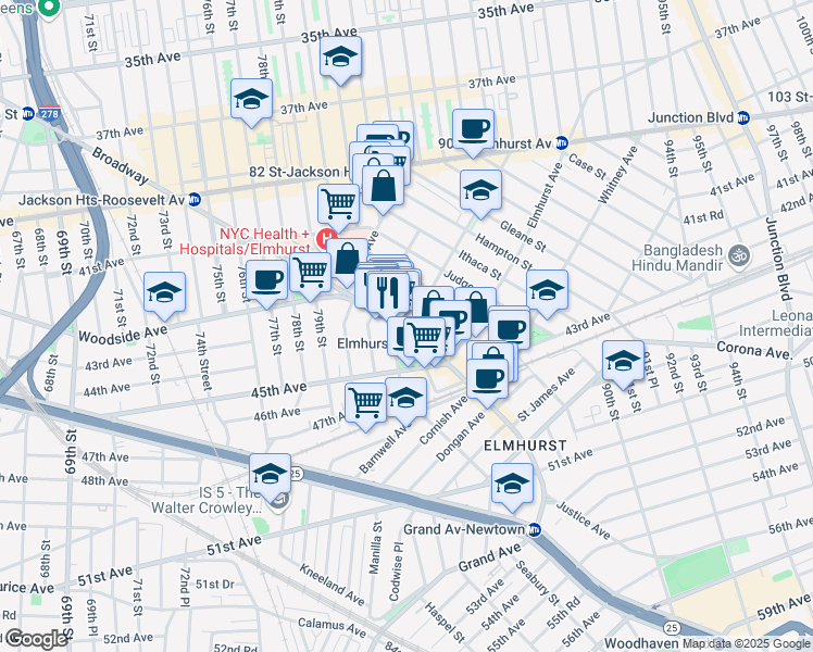 map of restaurants, bars, coffee shops, grocery stores, and more near 82-1 Britton Avenue in Queens