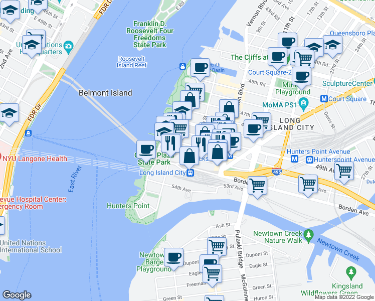 map of restaurants, bars, coffee shops, grocery stores, and more near 2-35 51st Avenue in Queens