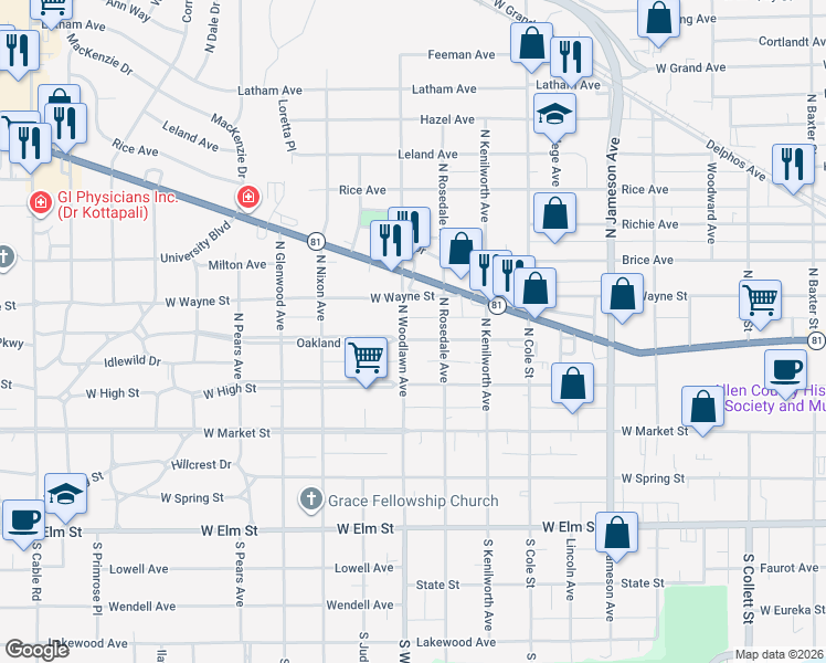 map of restaurants, bars, coffee shops, grocery stores, and more near 1434 Oakland Parkway in Lima